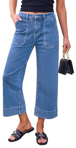 Utyful Jean Capris for Women High Waisted Womens Trousers Capri Pants Denim Straight Leg Cropped Patch Pockets Classic Blue X-Large Fits US Size 16 to 18