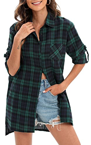 ciciglow Blusa Holgada de Manga Larga para Mujer, Camiseta de Color Contrastante con Puños Abotonados, Camisa a Cuadros de Gran Tamaño, Algodón Suave, Rojo, 3XL (XXL)