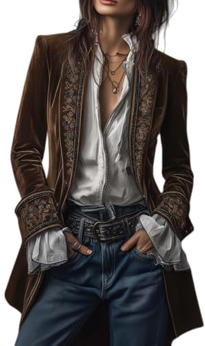 Chaqueta blazer de terciopelo para mujer, abrigo pirata bordado vintage, abrigo largo victoriano de color sólido, parte superior gótica renacentista, marrón claro, M