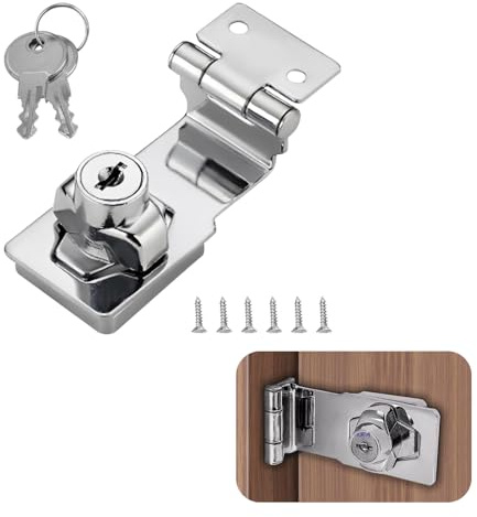 COAFTUG Keyed Hasp Lock Right Angle 90 Degrees 3 inch Hasp and Staple with Padlock Silver Door Latch Hasp Twist Knob Shed Door Locks Zinc Alloy Keyed Locking Hasp with Key for Bedroom Cupboard Gate