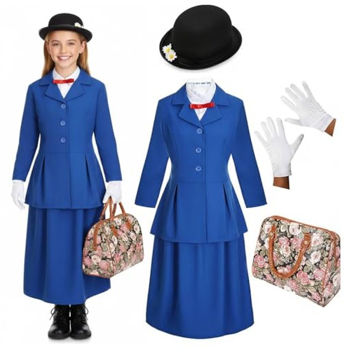 MAGICO COSTUME DA BAMBINAIA VITTORIANO PER RAGAZZE. PERSONAGGIO DELLA GIORNATA MONDIALE DEL LIBRO / SETTIMANA DEL LIBRO. GIACCA + GONNA + CAPPELLO MARGHERITA + GUANTI + BORSA IN ECOPELLE (X-GRANDE)