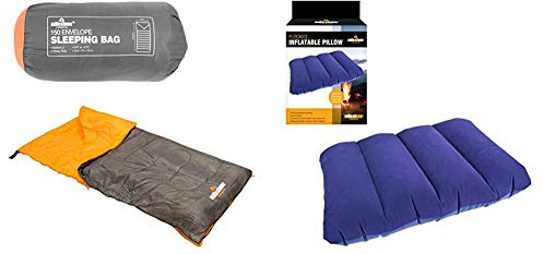 Milestone Camping Insulation 26700 Single Envelope Sleeping Bag | 2 Season | Full Length Dual Zip | Grey & Orange | Packs Down Tight | 170cm x 75cm & Flocked Inflatable Pillow ~ Blue ~ 88070