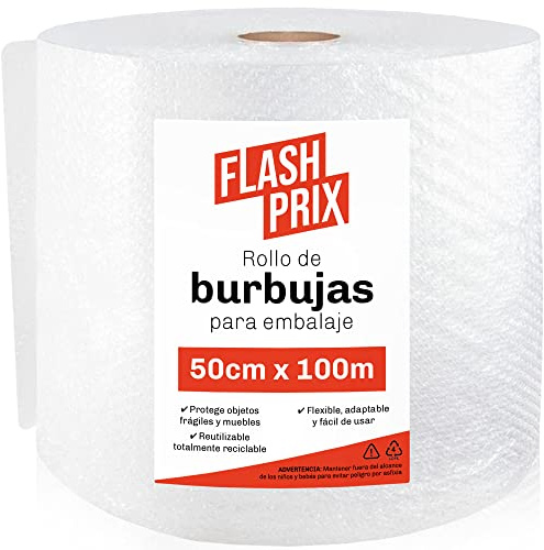 FLASHPRIX Rollo Plastico Burbujas Embalaje, 50cm Ancho y 100m longitud. Papel burbuja perfecto para Mudanzas, Embalajes y Envíos