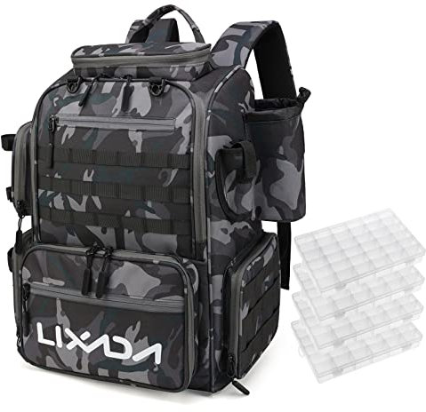 Lixada Angeltasche, Angelrucksack, Große Angeltasche Angelrucksack zur Aufbewahrung und Organisation Angelzubehör und Angelausrüstung für Campen Wandern Reisen, mit Köderboxen und 1 Regenschutz