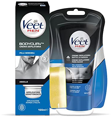 Veet For Men kit, Crema Depilatoria Ascelle, Pelli Sensibili, con applicatore arrotondato, 100 ml e Crema depilatoria per uomo sotto la doccia Pelli Sensibili petto e corpo, 150ml