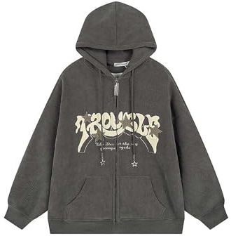 Sumleno Y2K Sweat à Capuche zippé en Velours côtelé imprimé Lettre étoile Graphique Grunge surdimensionné rétro Y2k vêtements, Gris, L/XL