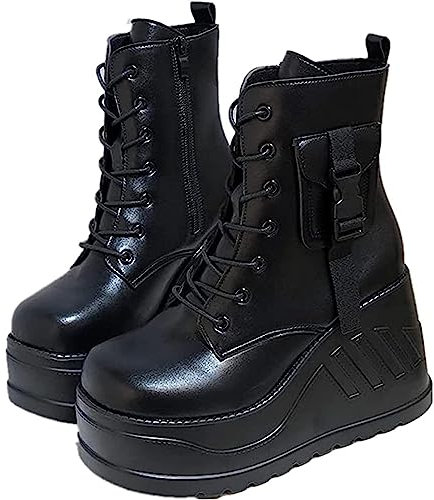 Zapatos De Plataforma De Tacón Alto para Mujer, Botas De Tacón De Cuña De Plataforma Gótica De 8 Cm, Botines Punk Cremallera Lateral Botas De Combate De Moto Negras,Negro,38