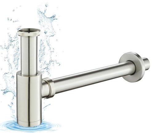 KINKIBOS Messing Siphon Universal für Waschbecken, Verstellbar Syphon Sifon 1 1/4 x Ø 32 mm, Abfluss Ablaufgarnitur, Geruchsverschluss mit Reinigungsöffnung Flaschensiphon, Gebürstetes Nickel