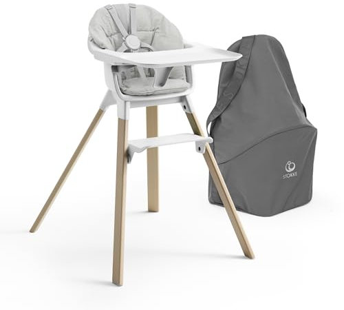 Stokke Clikk High Chair (White) with Clikk Cushion (Nordic Grey) + Travel Bag - Includes Tray & Harness - Light, Durable & Travel Friendly - Best for 6-36 Months or Up to 33 lbs