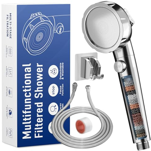 JONKEAN Wassersparender Duschkopf mit schlauch, 3 Strahlarten Duschbrause mit Kalkfilter, Hochdruck-Handduschkopf mit Ein-Aus-Schalter, Duschkopf mit Filter für Trockenes Haar & Haut (Chrom)