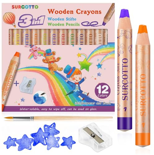 Surcotto 3 in 1 Buntstifte Kinder - Wasserlöslich - 12er Pack mit 1 Spitzer & 1 Pinsel, Dicke Holz-Wachskreiden/Aquarell-Wachsmalstifte, Malstifte für Kleinkinder Mädchen Junge Starter, Mehrfarbig