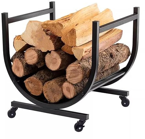 NSTVVEE Mobile Log Holders for Wood Burner, Portable Fireplace Firewood Holder with 4 Wheels, Modern Curved Metal Firewood Rack, Home Interior Decor,
