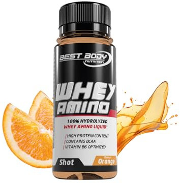 Best Body Nutrition – Whey Amino Shot Orange – 60 ml – Molkenproteinhydrolysat – 11 g Protein – BCAA – Vitamin B6 – trinkfertig – Aminosäuren für Fitness & Sport – Eiweiß – Regeneration