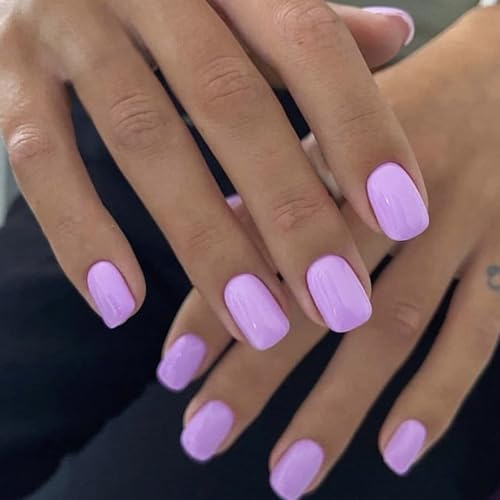 24 Pezzi Unghie Finte Quadrate Corte Press on Nails Adesive Colorate Unghie Artificiali Lucide Tinta Unita Acrilico Unghie Finte Copertura Totale Naturali Fake Nails per Donne e Ragazze (Viola)