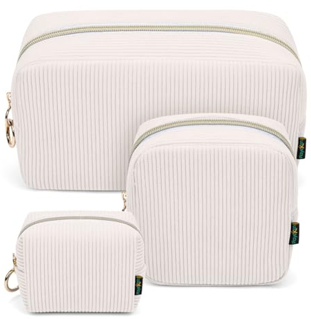 Trousse Maquillage Grande Capacité Set de 3 Trousse de Toilette Femme Fille Voyage en Velour épais Sac de Organiseur Cosmétiques Portable Rangement Kit Voyage Produit Toilette Maquillage, Beige