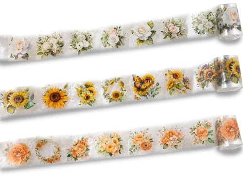 Thapncow Pegatinas de Florales, 3 Piezas Washi Tapes Estética, Washi Tape PET, Pegatinas Autoadhesivas Stickers Decorativas, para Álbumes de Recortes Bullet Journals, Paquete de Regalo