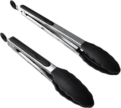 2 PCS Kitchen Silicone Tongs - 9” and 12” Silicone Cooking Kitchen Tongs Kits, Food Barbecue Serving Tongs, Stainless Steel BBQ Serving Tongs, Nonslip Smart Locking & Easy Grip, Heat Resistant