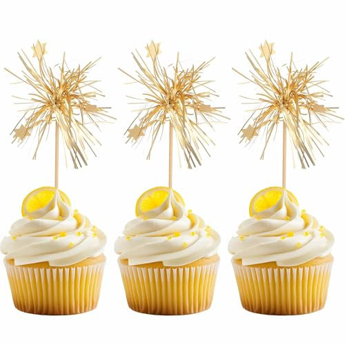 20 PCS Firework Cupcake Toppers, Gold Happy Birthday Cake Toppers Sparklers Fireworks Sticks Tinsel Flower Cocktail Stirrers Food Fruit Toothpicks for Valentine’s Day Party Supplies
