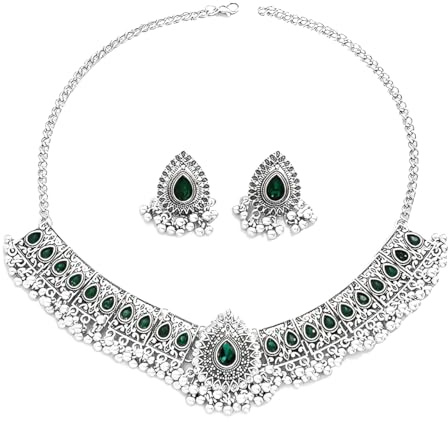 IMINI Ensemble de bijoux indiens vintage pour femme : collier ras du cou oxydé en argent vieilli, boucles d'oreilles, cadeau de mariage bohème, cadeau de mariage, fête ethnique festive, Medium, Métal