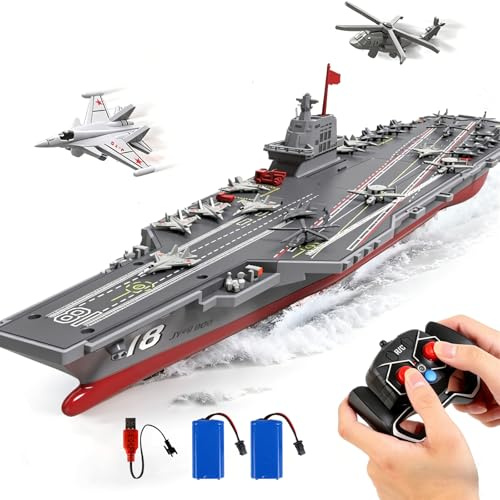 Hylukon RC Boats, 2.4G Remote Control Warship Battleship Aircraft Carrier for Adults and Teens, 20KM/H High Speed Remote Control Militaryship DIY Battleship for Pool & Lake (2 batteries)