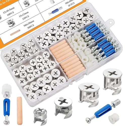 mxuteuk 120PCS Nockenschlösser für Möbel, 3-in-1 exzentrische Hardware-Räder, Möbel-Befestigungselemente & Verbinder mit Multi-Size-Muttern, Schrauben und Holz-Dübel-Pins-Sortiment Kit