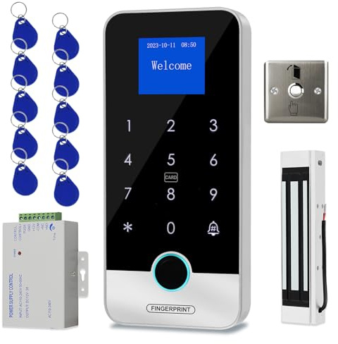 AccessShield Sistema de acceso con teclado de control de acceso resistente al agua,fuente de alimentación de 12 V DC,interruptor de apertura de puerta (cerradura eléctrica) y llavero RFID de 125 kHz