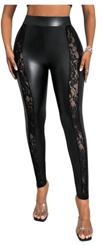 WDIRARA Women's Faux Leather Lace Leggings High Waisted Stretchy Skinny Pants Night Out Clubwear Black Small