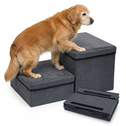 Vikbar hundtrappa med förvaringsutrymme, vikbar, 3 steg, 75 x 40 x 30 cm, halkfri hundtrappa för säng och soffa, extra stora för små och stora hundar, katter, mörkgrå (grå-2)