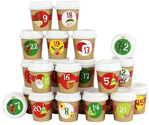 PaPIerDraCHeN Tazze dell'Espresso Calendario dell'Avvento Fai da Te - da Fare e riempire da Soli - con Nastro Rosso Washi Tape - 24 Tazze da caffè - Design Set 1