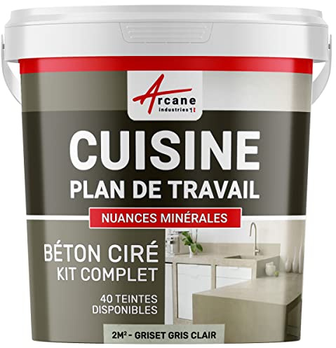 Béton ciré cuisine, plan de travail, crédence, évier, sol et mur, revêtement mural décoratif, kit complet - 2 m² (en 2 couches) Griset Gris Clair - ARCANE INDUSTRIES