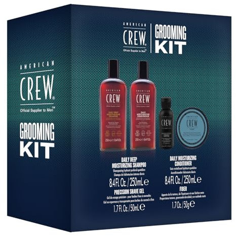 AMERICAN CREW Grooming-Set für Männer: Daily Deep Moisturizing Shampoo (250 ml), Daily Moisture Conditioner (250 ml), Precision Shave Gel (50 ml) & Fiber Haarwachs für starken Halt (50 g)
