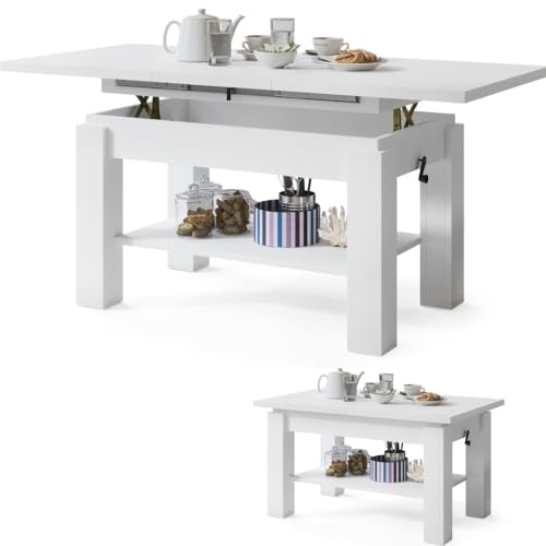 All4All Couchtisch Astra - Kaffeetisch - Wohnzimmertisch – Sofatisch mit Ablage - höhenverstellbar - kompakte Größe - Sofatisch - 110x68cm - 05 - Weiß