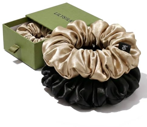 LILYSILK Women's 100% Silk Hair Scrunchies Ladies Elastic Hair Tie Bobbles Ponytail Holders for All Hair Type and Conditions and Preventing Hair Frizz Breakage Loss,Black+Taupe