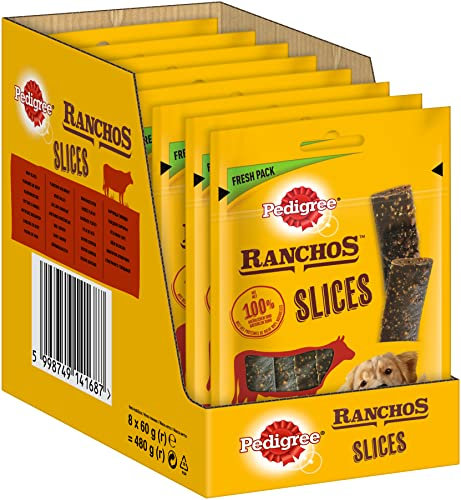 Pedigree Ranchos Slices – Weiche Hundesnacks mit Rind – Ideal für kleine und große Hunde – 8 x 60 g