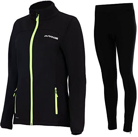 Airtracks Damen Thermo Winter Fahrradtrikot Set Pro Line - Thermo Fahrradjacke Pro Line + Thermo Fahrradhose Lang - Warm Winddicht - schwarz - XS
