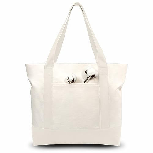 TOPDesign 1-Pack Canvas Tote Bag with an External Pocket, Reusable Grocery Shopping Bag, Top Zipper Closure, Daily Essentials (Natural)