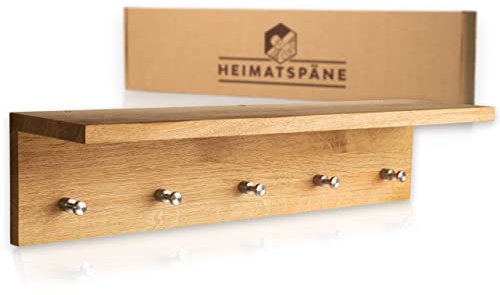 Heimatspäne Garderobenleiste mit Ablage 60cm [echtes Eichenholz] Wandgarderobe mit 5 Haken und Hutablage - Hakenleiste Holz mit hochwertigen Edelstahlhaken in echter Handarbeit gefertigt