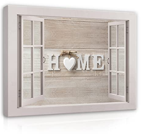 WallArena - Leinwand Bilder - Fensterbilck Fenster Herz Home Holzoptik - 80x60 cm Leinwandbilder - Bild auf leinwand - Wandbild XXL groß Wandbilder für Wohnzimmer Schlafzimmer Wohnzimmerbilder Modern