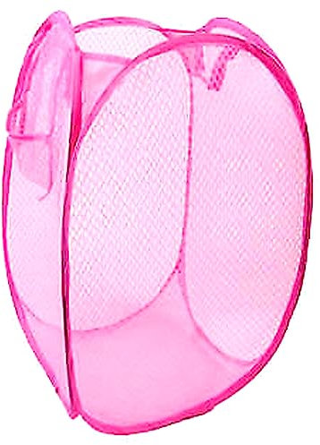 NTEK Foldable Pop-Up Mesh Washing Laundry Basket Bag Bin Hamper Toy Tidy Storage Fabric Organiser | Dirty Clothes Baskets with Handles& Side Pocket | Laundry Baskets Net Bag Clothes Bags (PINK)