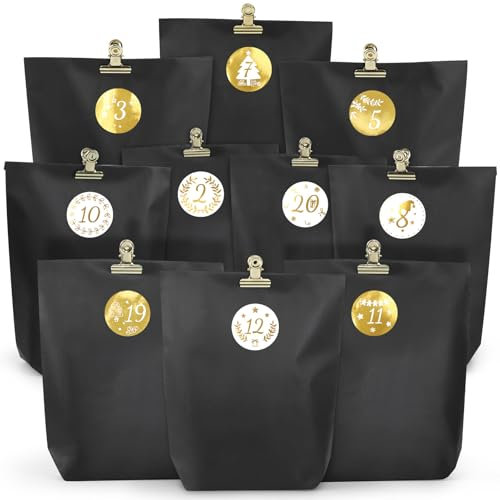 Adventskalender zum Befüllen Schwarz Gold - HAUSPROFI 24 DIY Papiertüten mit 24 exklusiven Design-Stickern & edlen Metall-Clips - Weihnachtskalender zum Selber Basteln