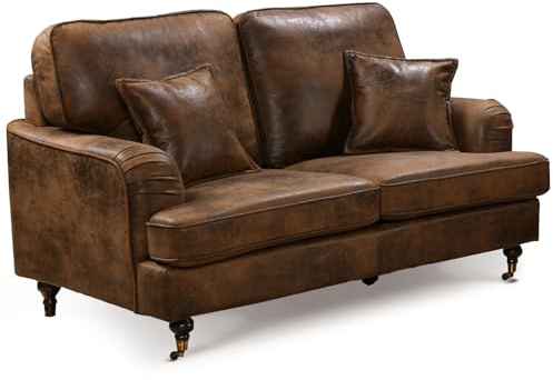 Brown Leather Air Suede 2 Seater Sofa Settee – Luxury Durable Two Seater Sofa Classic Vintage Traditional English Roll Arm Sofa, Antique Brass Castors , Statement Sofas & Couches for Living Room