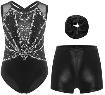 Kvysinly Gymnastics Leotard for Girls Shiny Rhinestone Sleeveless Ballet Dance Bodysuit Biketard with Shorts Hairband Set