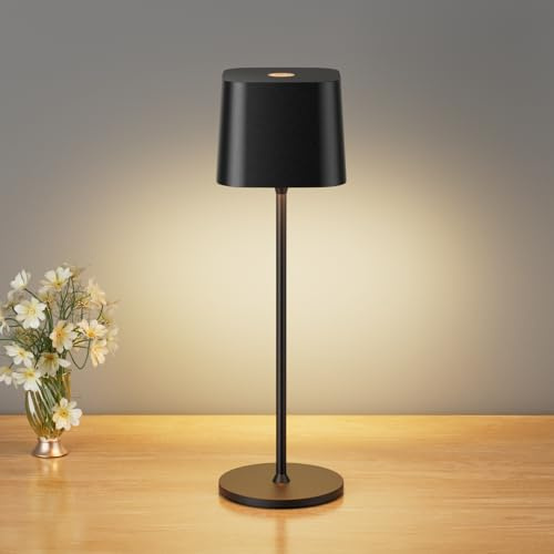 brightower Tischlampe Kabellose, Wiederaufladbar 3 Farben(3000-6000K) LED Tischleuchte,Dimmbare Akku Tischlampe Für Innen und Aussen mit USB-C,IP54 Wasserdichte Aluminium Tischleuchte (Schwarz)