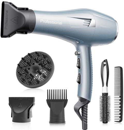 Phon Capelli Professionale Asciugacapelli loni Rapida Asciugatura per Salone e Casa (3 Calore.2 Velocità, Diffusore+2 Ugelli, Cavo 2,5m) (Blu)