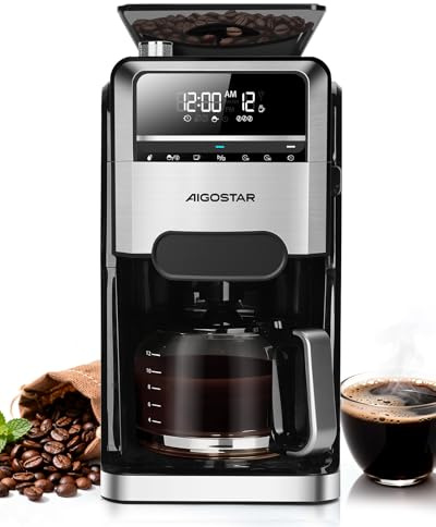 Aigostar Cafetera Goteo con Molinillo Incorporado, 1400W Maquina de Cafe, 7 Ajustes de Molienda, 3 Concentraciones, Capacidad de 1,5L (2-12 Tazas), Programable 24H con Mantenimiento de Calor, Negro