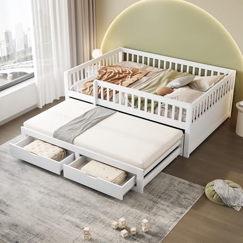 Sofá cama de madera maciza, 140 x 200 cm, rejilla de seguridad totalmente revestida, cama extensible con 2 cajones debajo, con somier de láminas, cama infantil, cama de invitados, para adultos (blanco