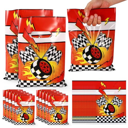 SAVITA 50 Sacchetti Regalo per Feste di Compleanno a Tema Auto da Corsa, Sacchetti Regalo per Caramelle Decorazioni di Compleanno a Tema Auto da Corsa Ruote 2 Bandiere Fulmini Bomboniere Feste