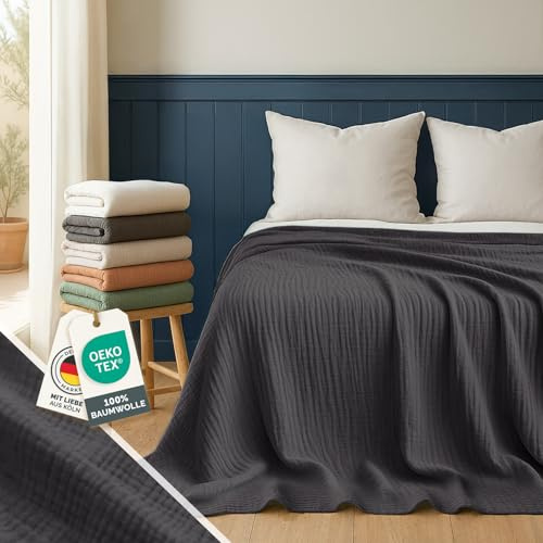 Blumtal Tagesdecke Baumwolle 130x170 cm - Musselin Decke Oeko-TEX Zertifiziert - Bettüberwurf 130x170 - Couch Überwurf - Kuscheldecke Baumwolle 100% - Decke Wohnzimmer Sofa - Bedspread Anthrazit