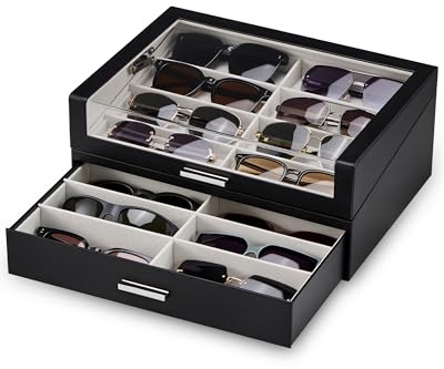 ProCase Caja para Gafas de Sol de 16 Ranuras con Ventana Transparente, Expositor de Gafas, Organizador con Cajón y Tapa Transparente para Múltiples Gafas - Negro