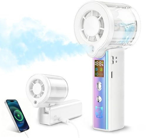 Carehabi Handfläkt med vattenkylning, 30 000 varv/min, minifläkt, batteri, 3 000 mAh, 1–100 nivåer, bärbar fläkt, liten med LED-skärm, tyst USB-fläkt, hand för resor, kontor, kvinnor, vit